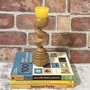 Handmade Turned Wood Pillar Votive Candle Stick Totem Tribal Aztec Assymetrical